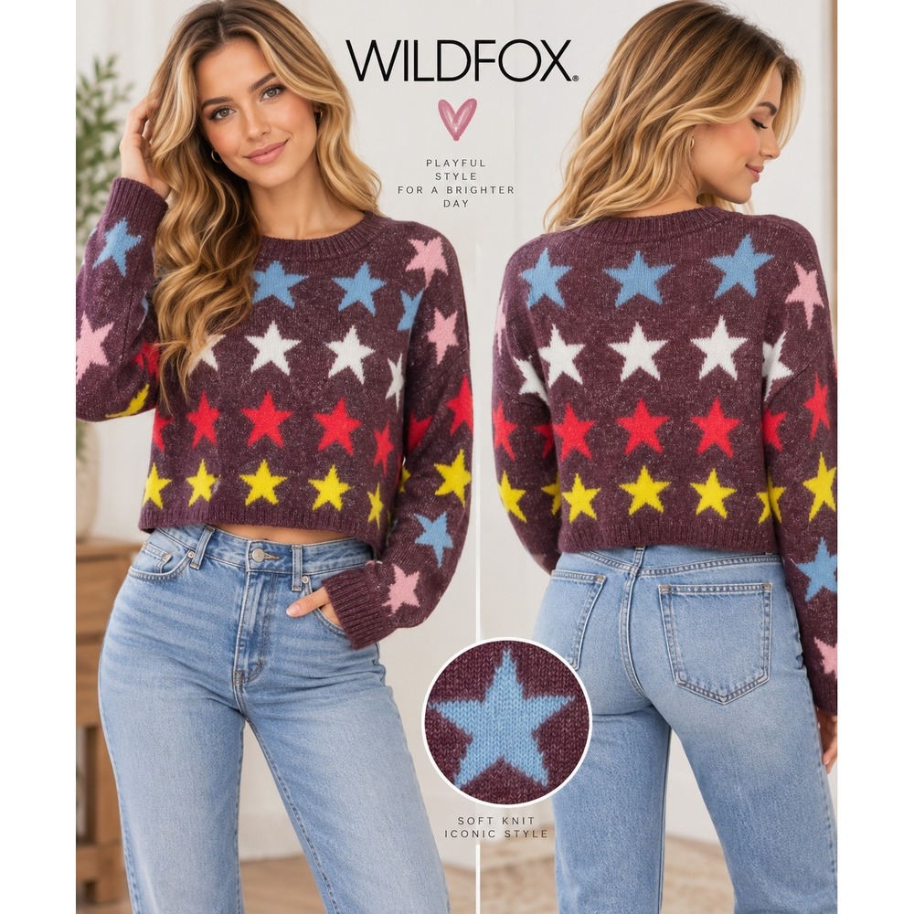 Wildfox Star Print Cropped Sweater Wine Purple Multi Color Small NWT